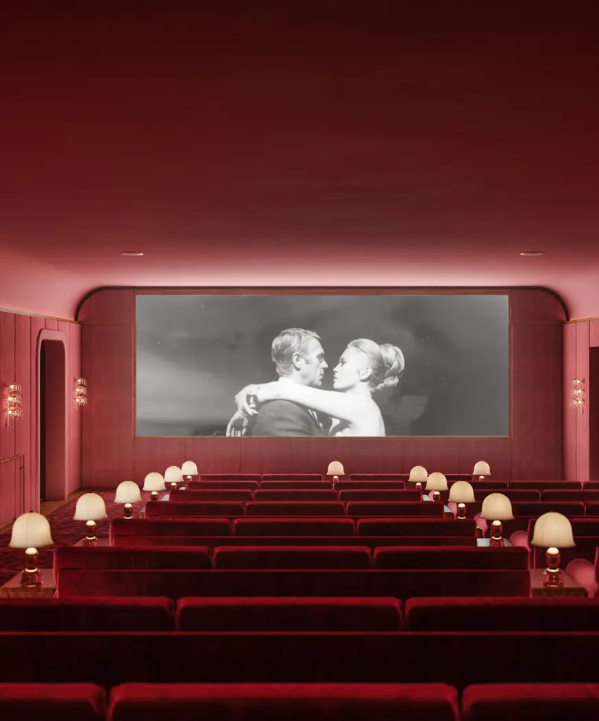 Rendering of the private cinema with red seating at Faena Residences Miami